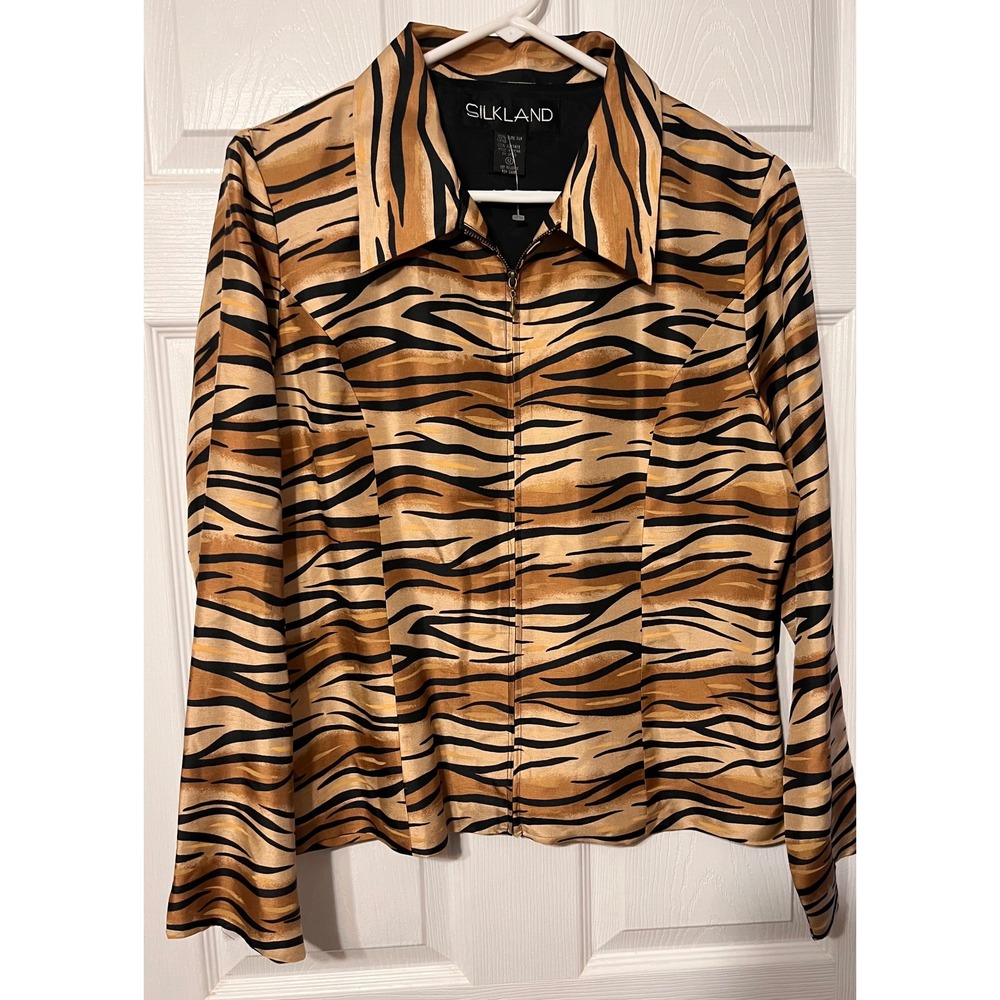 Silkland Womens 100% Pure Silk Tiger Print Zip Up Jacket Tan Black Size 12 NEW